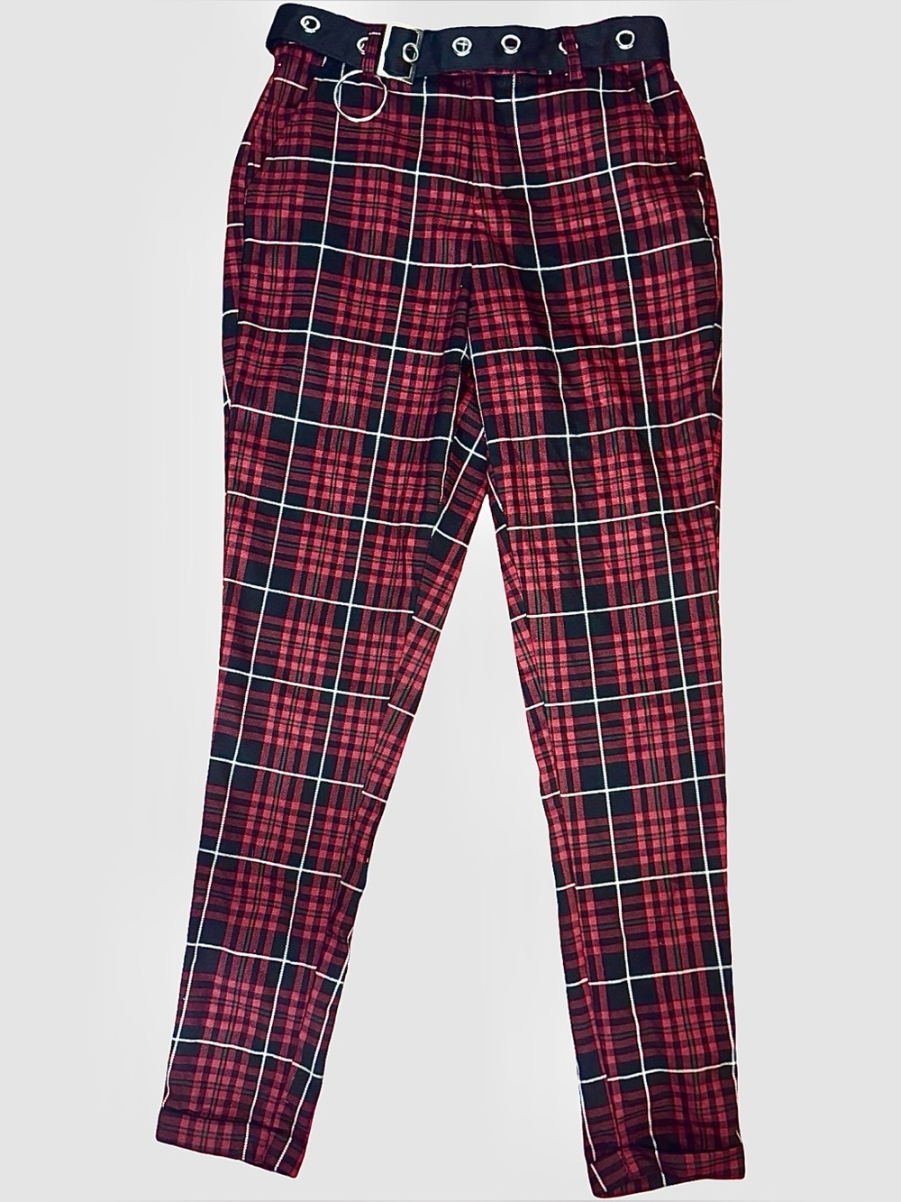 Red and black plaid punk skinny pants
